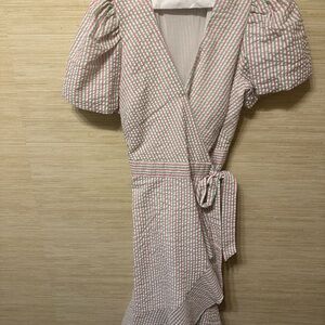 Draper James Pink Wrap Midi Dress with Puff Sleeves